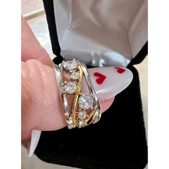 Vine Design 925 Silver With Gold Simulated Diamond Fashion Ring - Picture 6 of 8